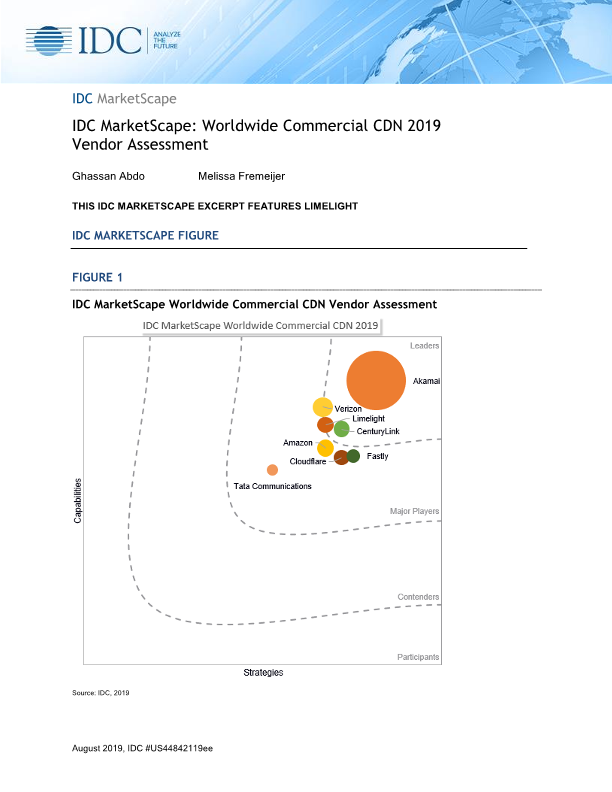 'IDC 마켓스케이프: 2019년 전세계 상용 CDN 공급업체 평가(IDC MarketScape: Worldwide Commercial CDN 2019 Vendor Assessment)' 보고서에서 ‘리더(Leader)’ 기업으로 선정(이미지: 보고서 캡쳐)